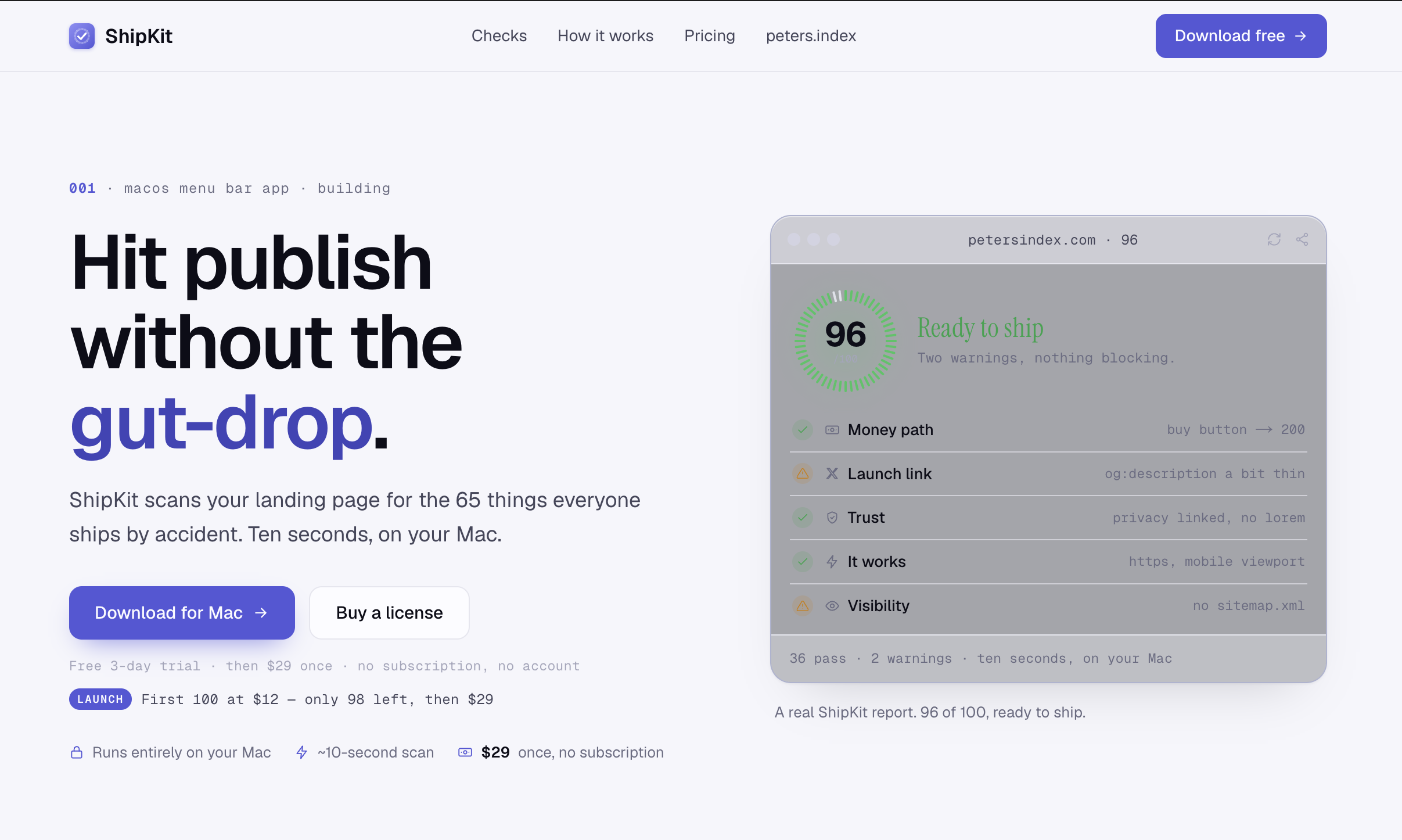 A ShipKit pre-launch report scoring a site 96 of 100, ready to ship